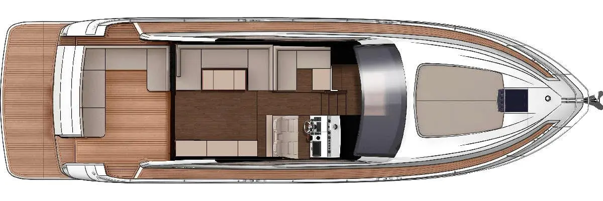 Top-down view of a contemporary motorboat interior, featuring seating areas and a kitchen layout in a stylish design.